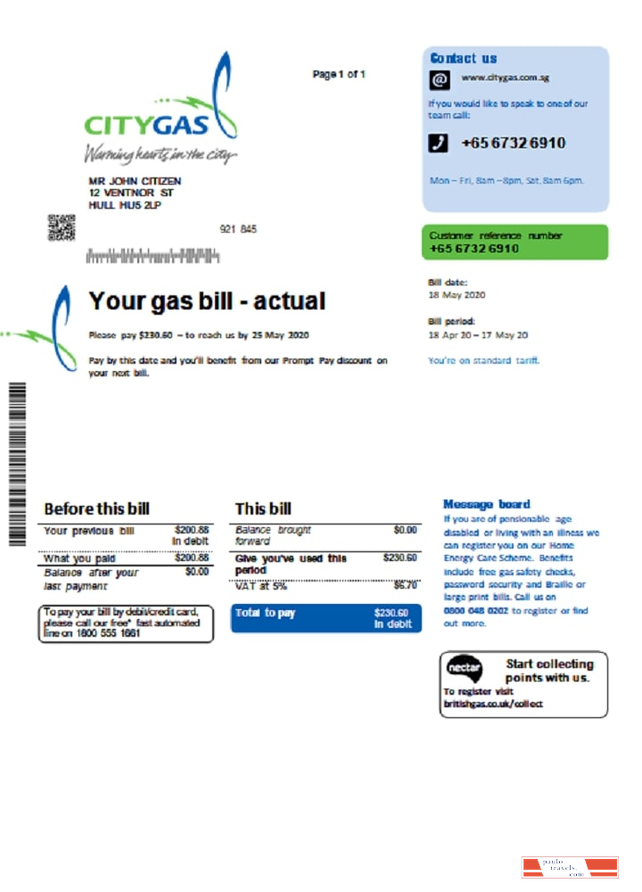Singapore City Gas utility bill template in Word and PDF format